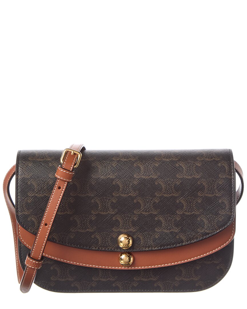 Celine Duo Triomphe Coated Canvas & Leather Wallet On Strap