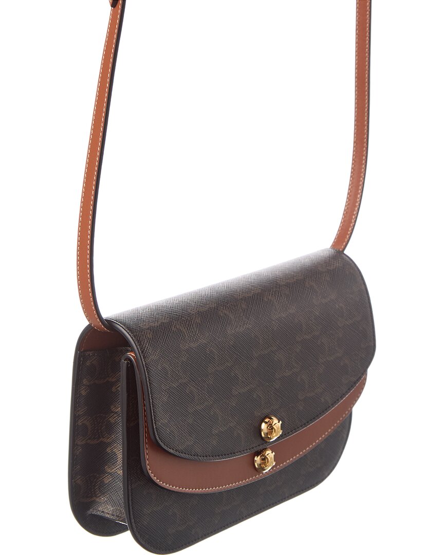 Celine Duo Triomphe Coated Canvas & Leather Wallet On Strap