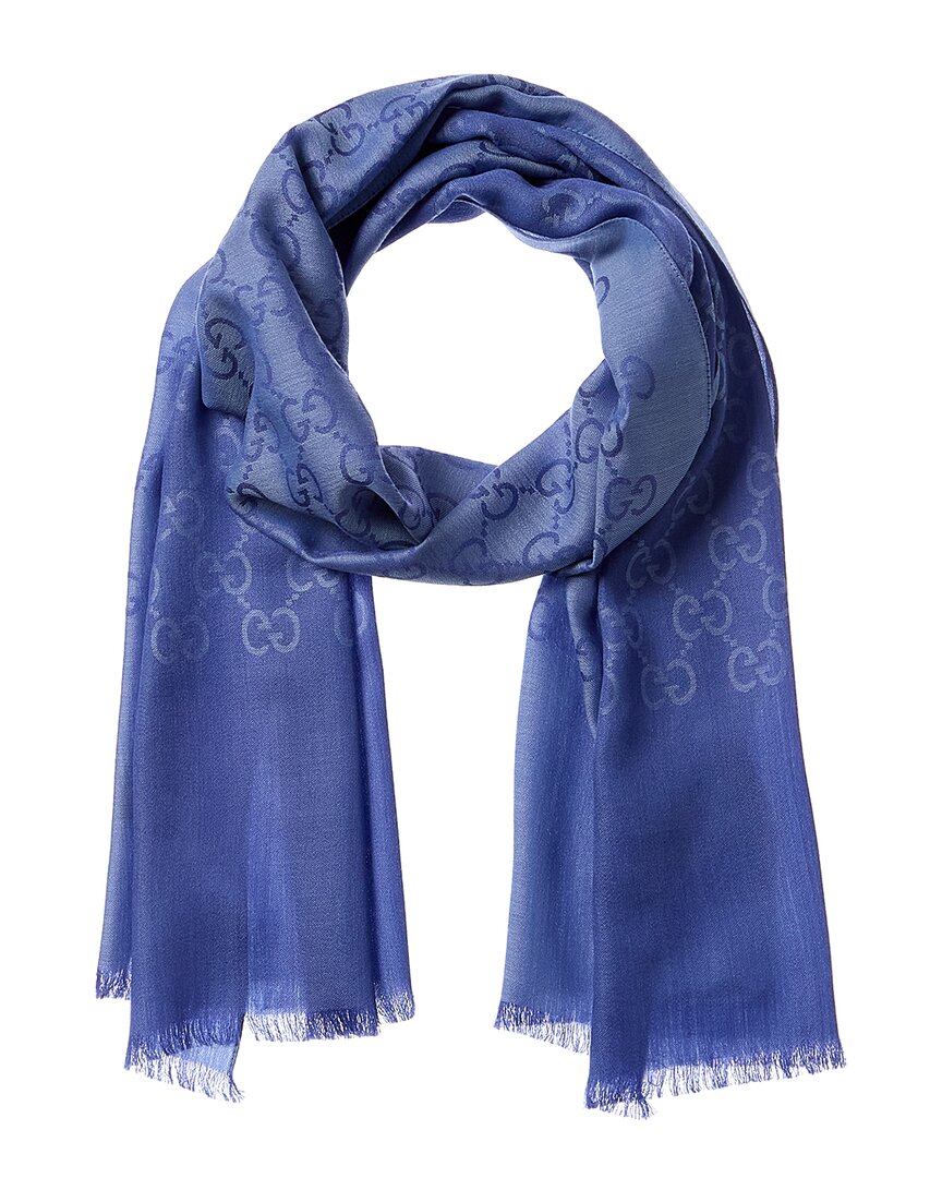 Gucci Logo Jacquard Wool & Silk-Blend Scarf, Blue