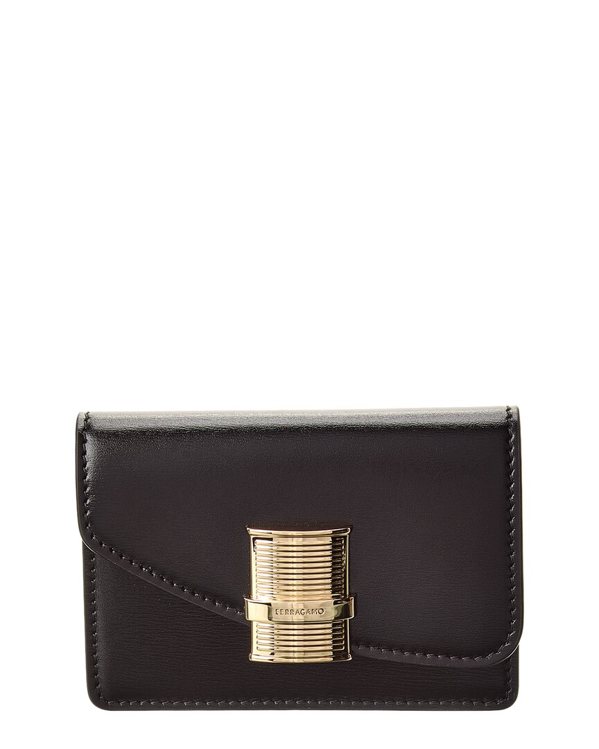Ferragamo Fiamma Leather Card Holder Black ONE SIZE