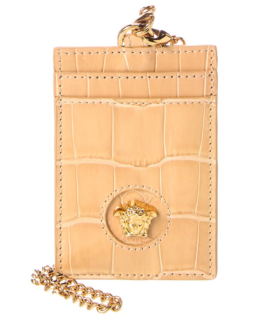 Versace La Medusa Croc-Embossed Leather Card Holder On Chain Brown Multi ONE SIZE
