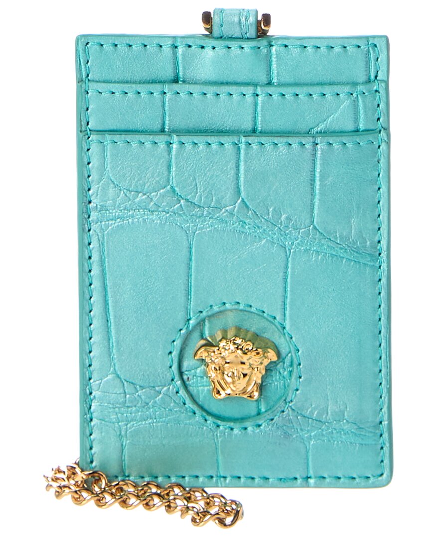Versace La Medusa Croc-Embossed Leather Card Holder On Chain Blue ONE SIZE