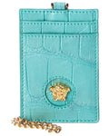 Versace La Medusa Croc-Embossed Leather Card Holder On Chain Blue ONE SIZE