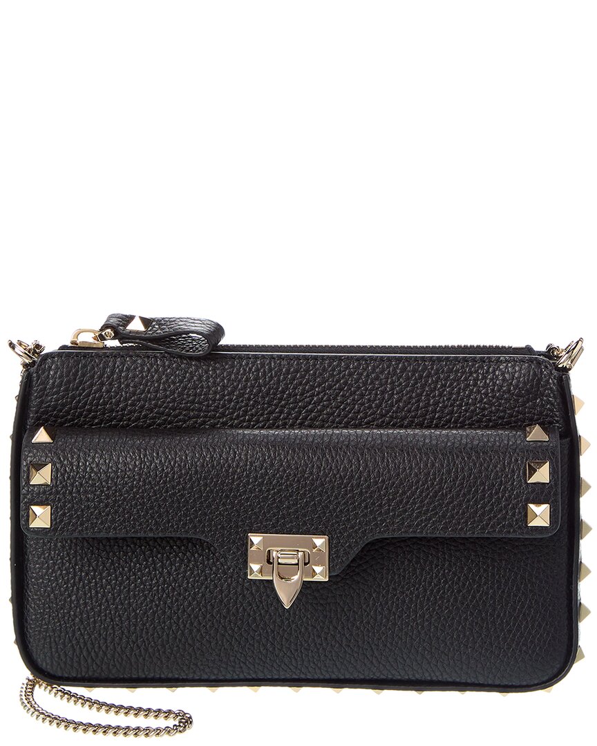 Valentino Rockstud Grainy Leather Wallet On Chain Black ONE SIZE