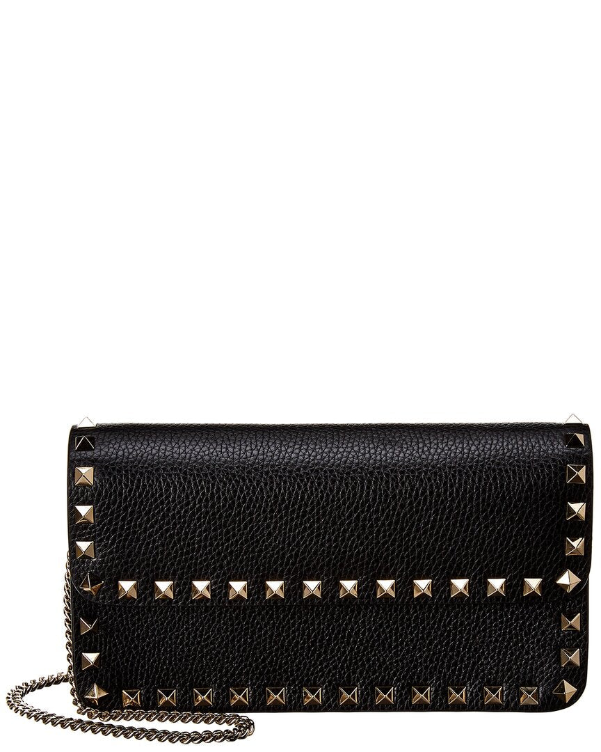 Valentino Rockstud Grainy Leather Wallet On Chain Black ONE SIZE