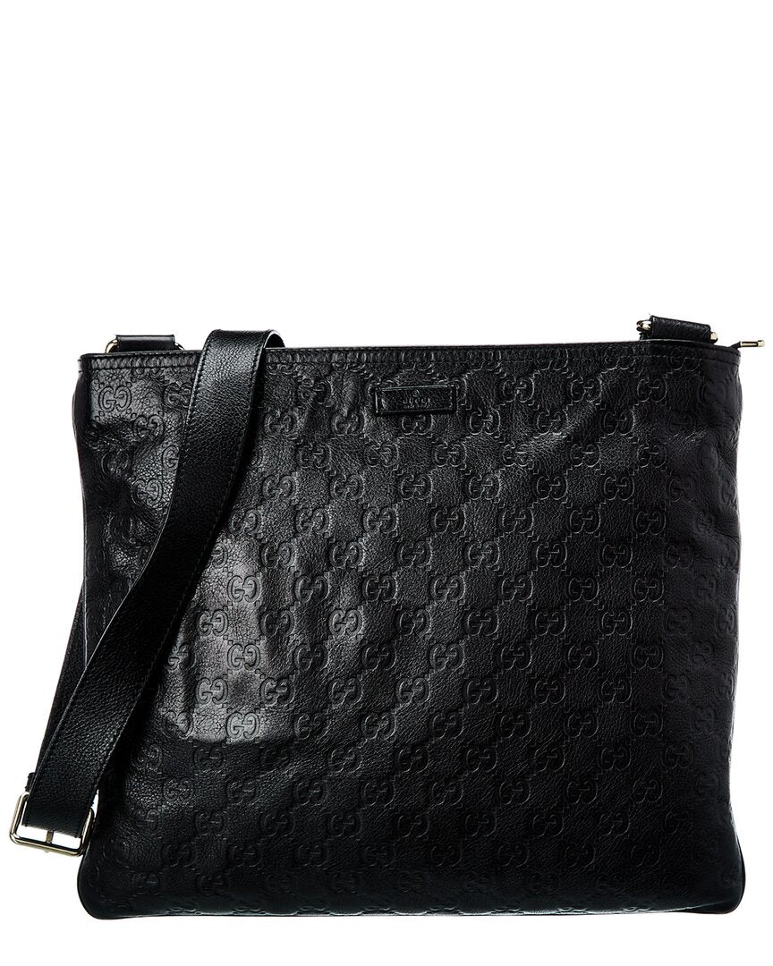 Gucci Black Guccissima Flat Messenger Bag