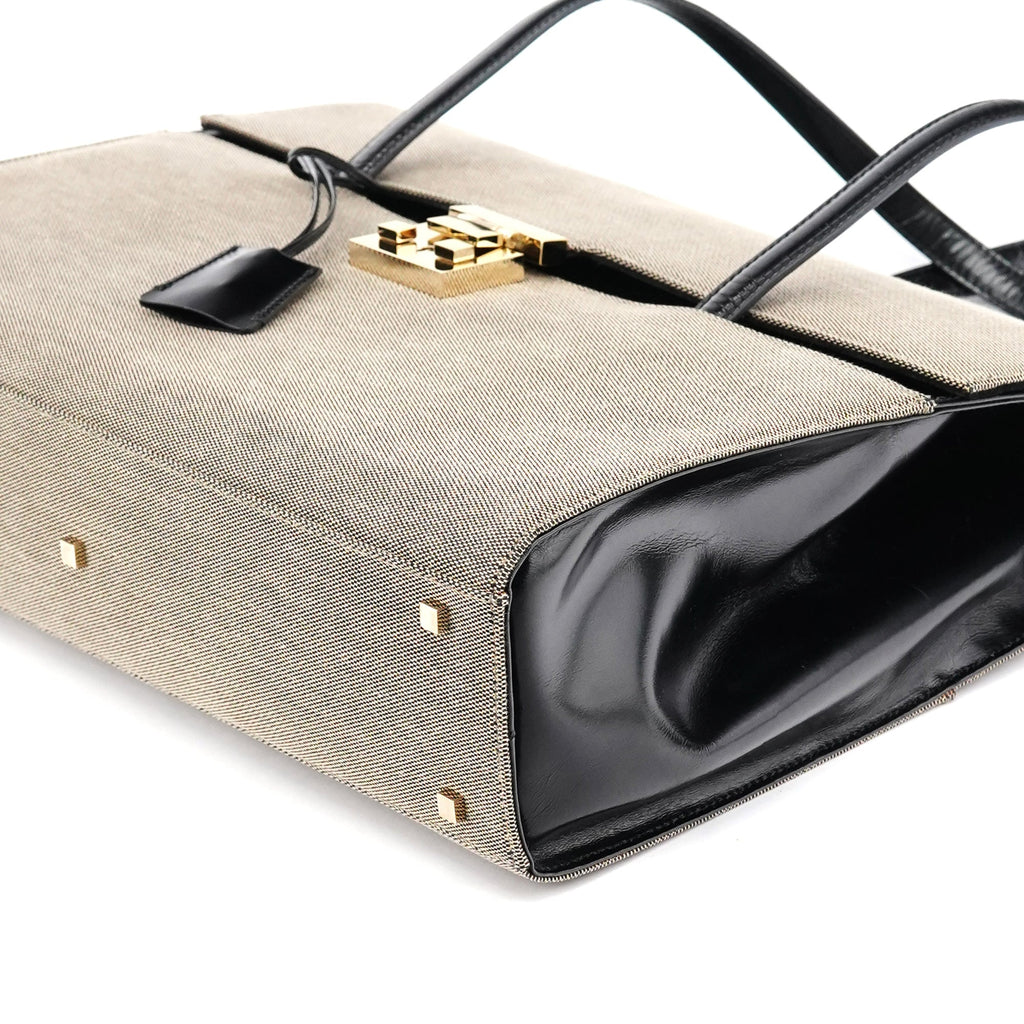 001 4213 Beige Black Canvas Lady Lock Tote Bag