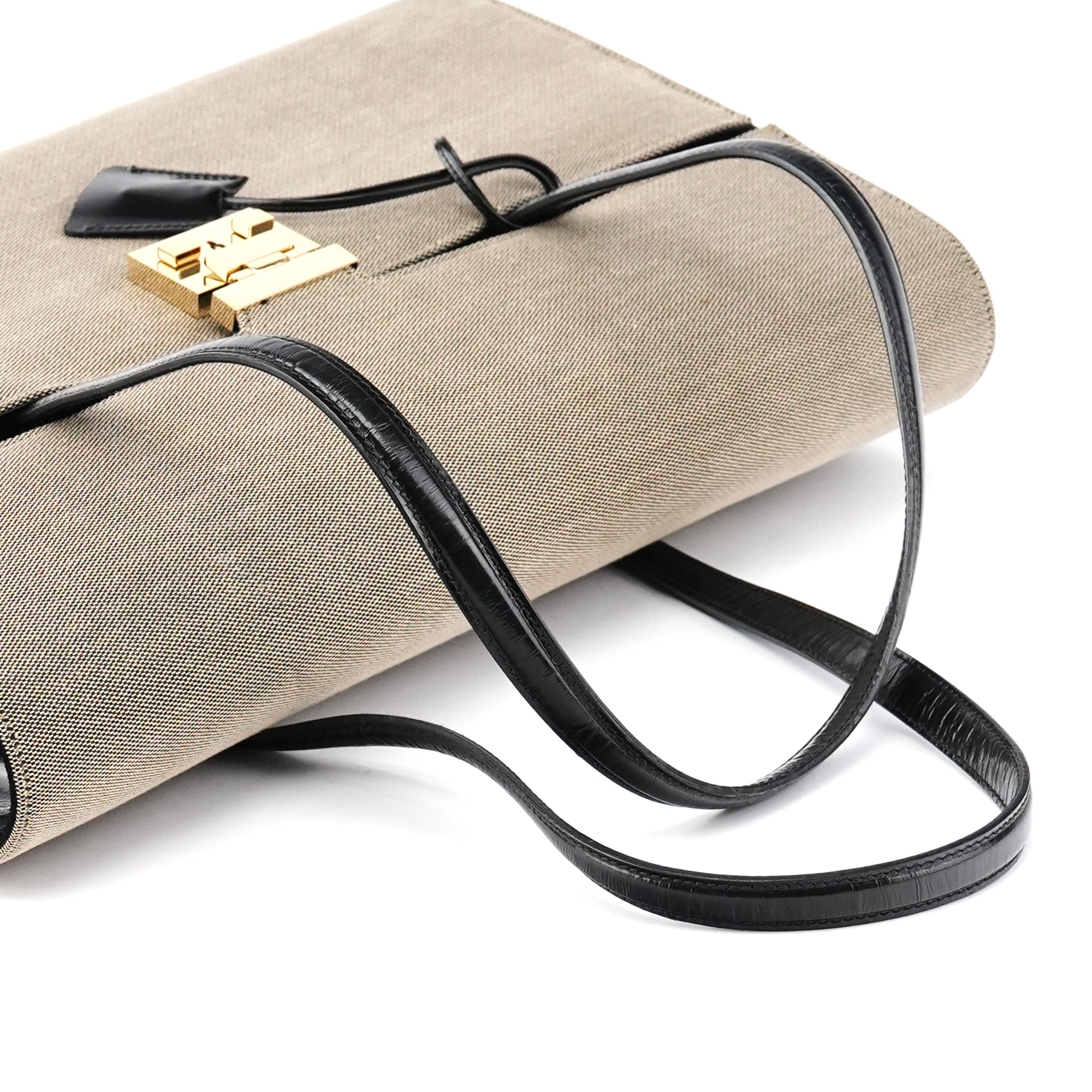 001 4213 Beige Black Canvas Lady Lock Tote Bag