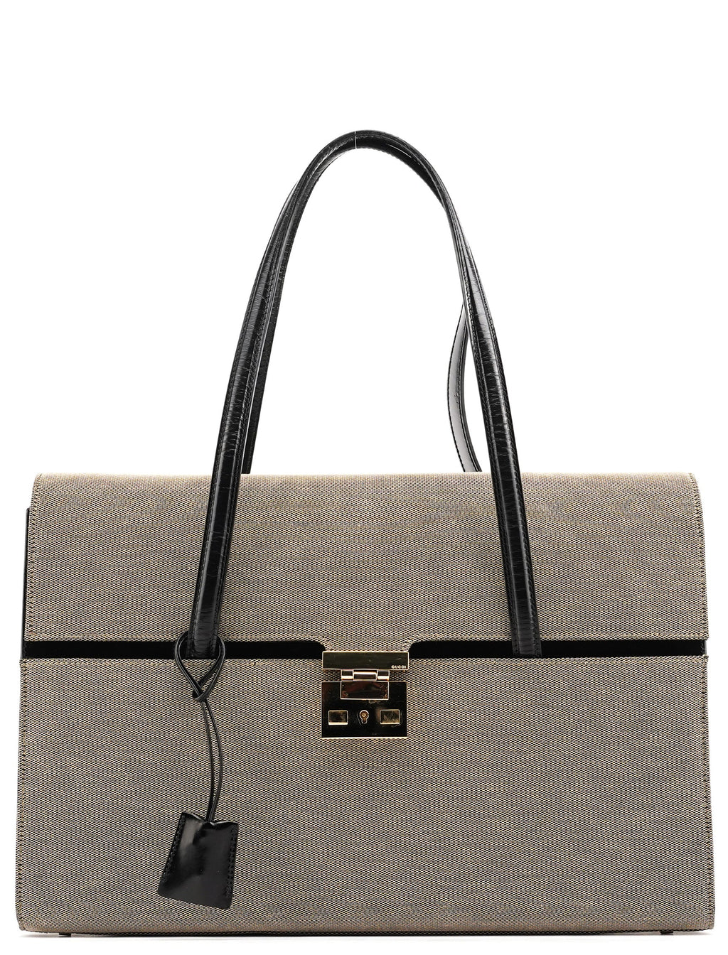 001 4213 Beige Black Canvas Lady Lock Tote Bag