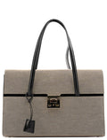 001 4213 Beige Black Canvas Lady Lock Tote Bag