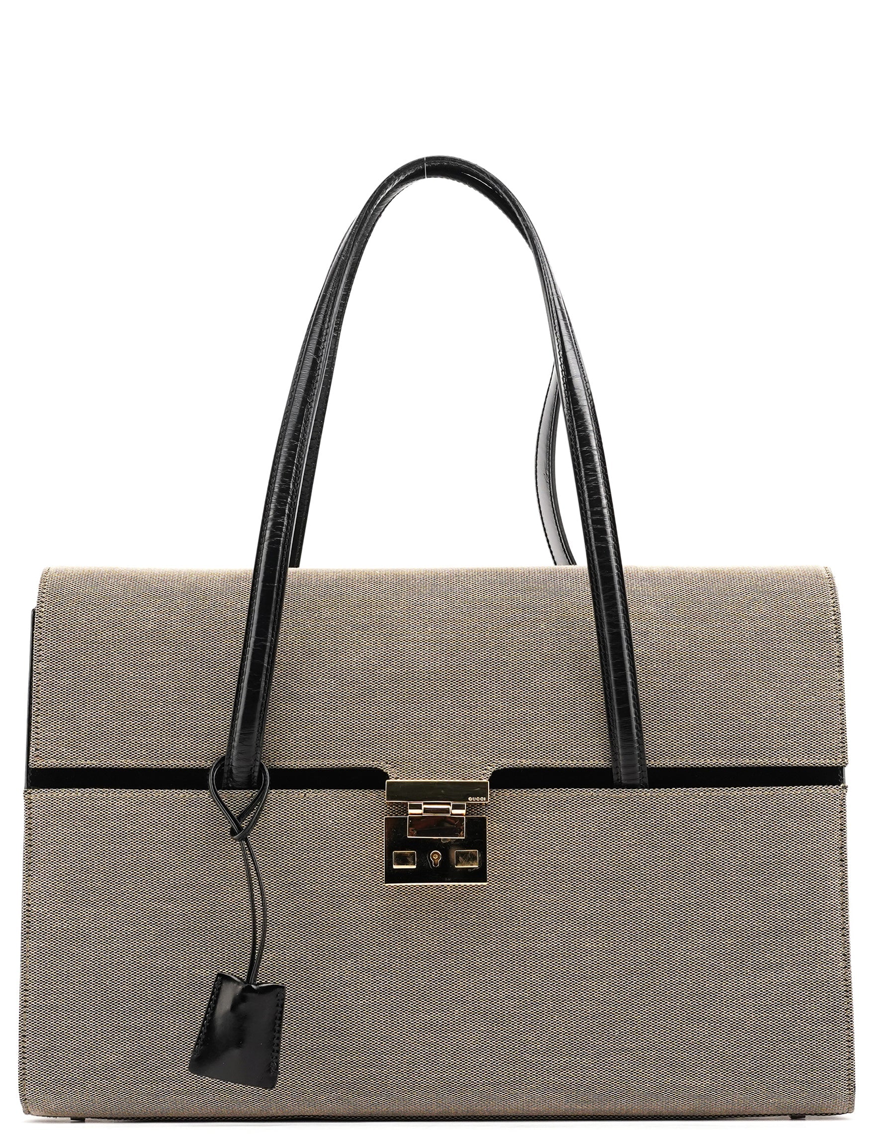 001 4213 Beige Black Canvas Lady Lock Tote Bag
