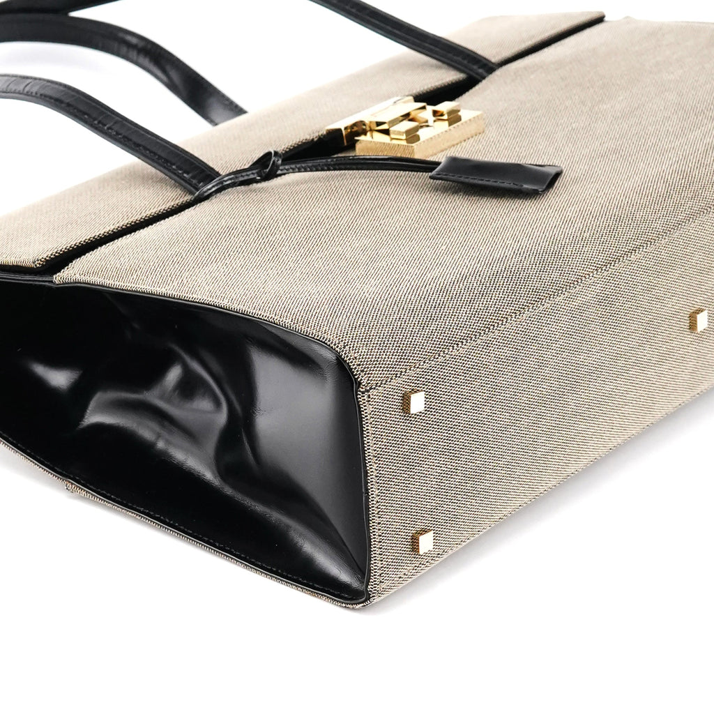 001 4213 Beige Black Canvas Lady Lock Tote Bag
