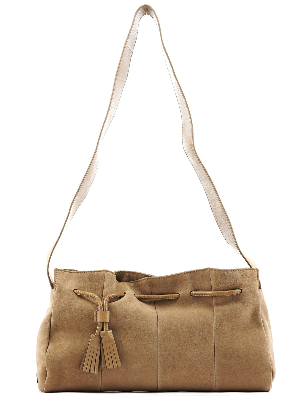 Beige Suede Tassel Drawstring Shoulder Bag