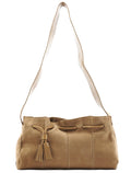 Beige Suede Tassel Drawstring Shoulder Bag
