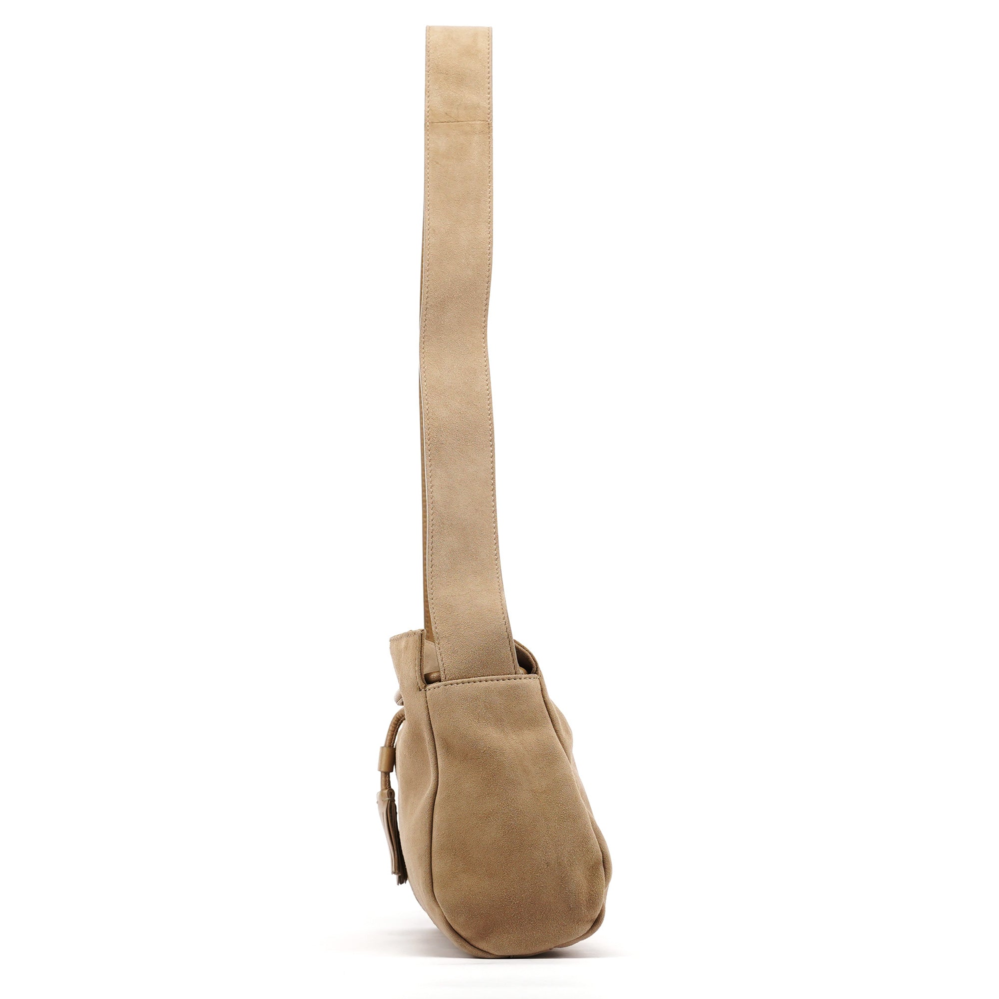 Beige Suede Tassel Drawstring Shoulder Bag