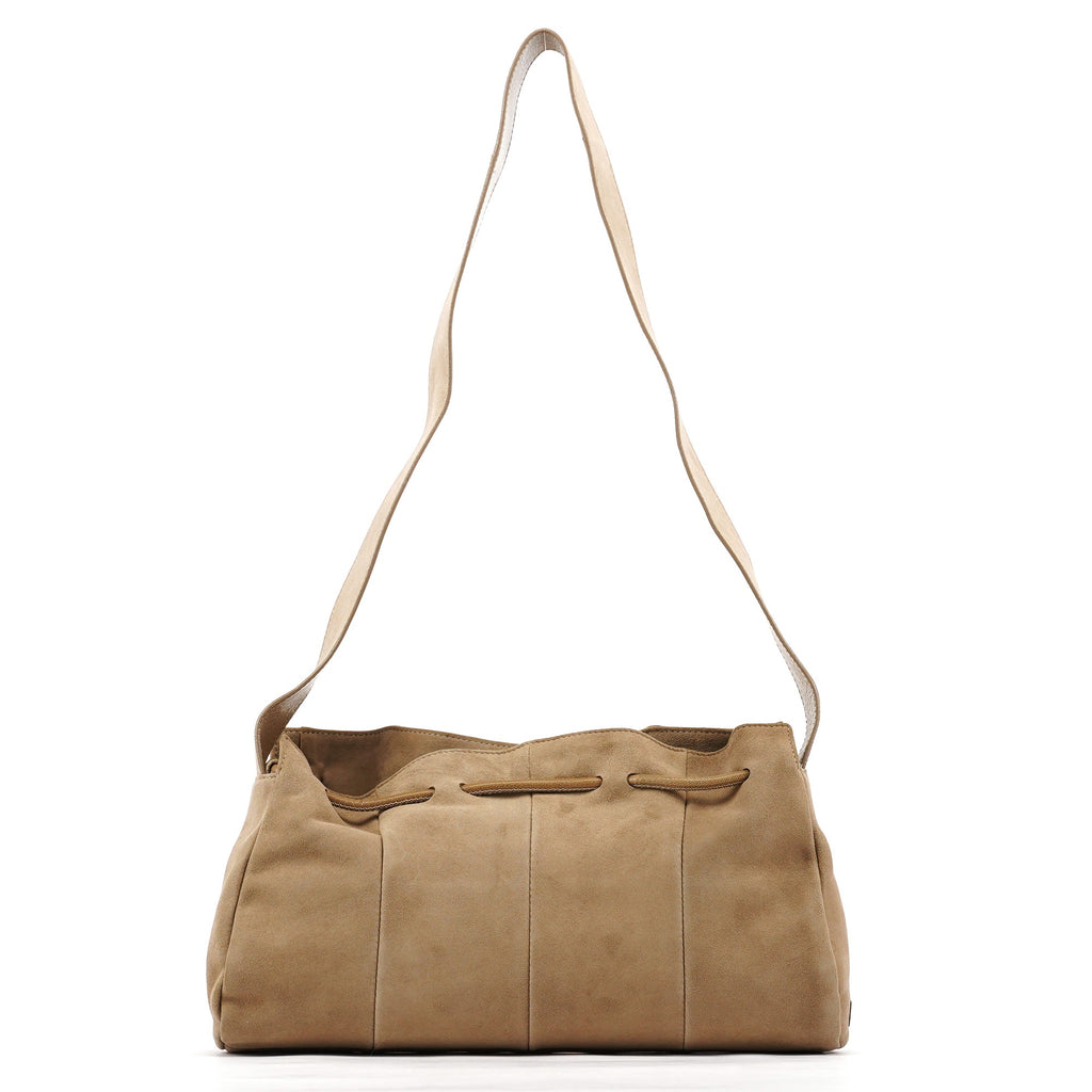 Beige Suede Tassel Drawstring Shoulder Bag