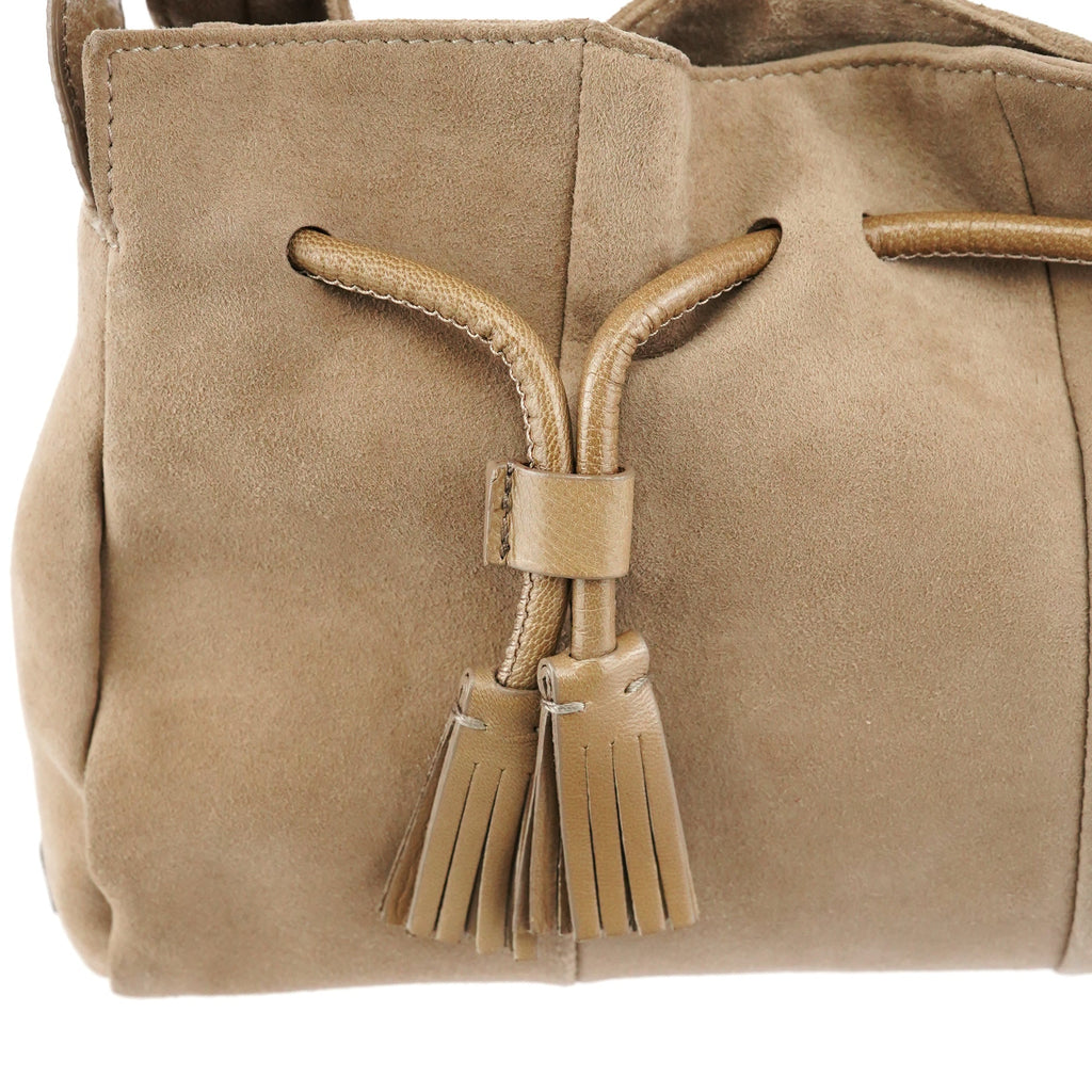 Beige Suede Tassel Drawstring Shoulder Bag