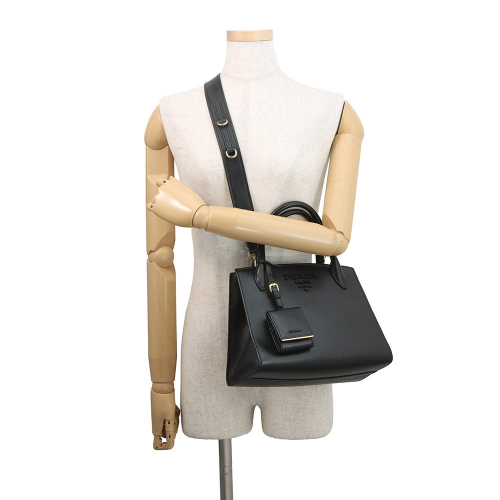 PRADA Mono Chrome 2-way Handbag Black1BA156 Saffiano LeatherLeather