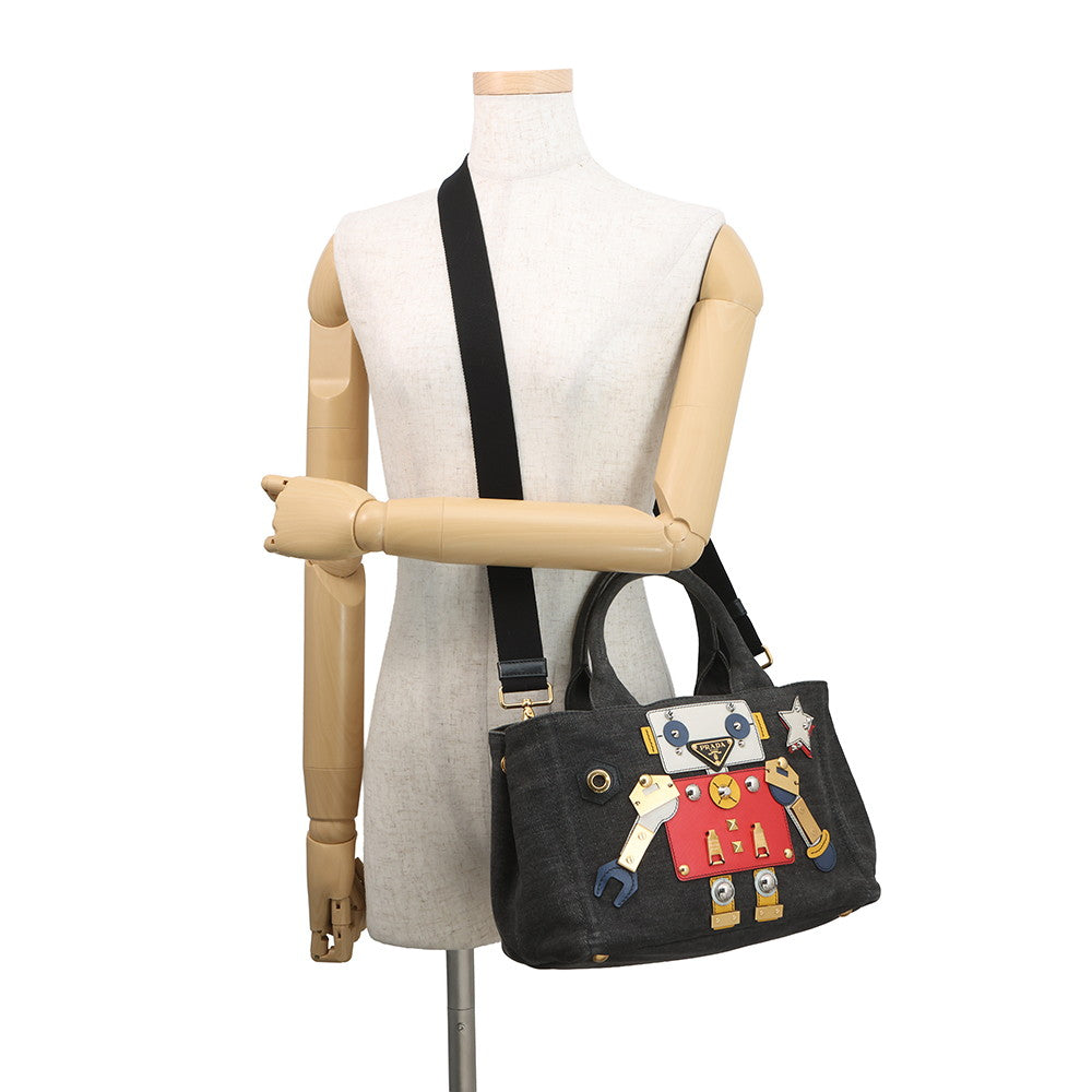 PRADA Mini Canapa Robot 2-Way Bag Black/Multicolor1BG439 Denim Leather