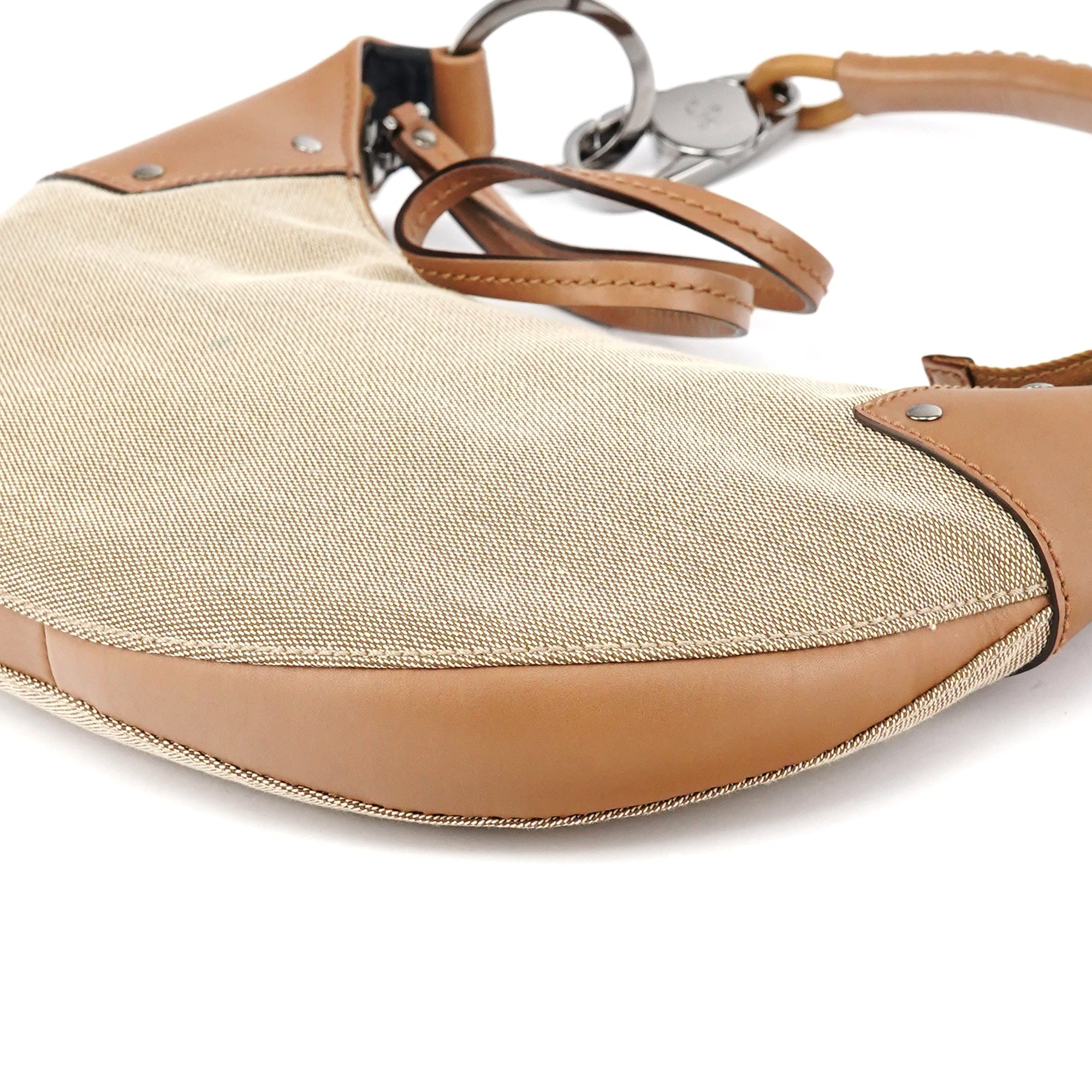 109208 Beige Brown Canvas Half Moon Hobo Bag