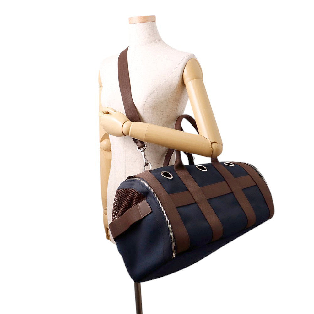 HERMES Dog carrier bag Navy/Brown Canvas