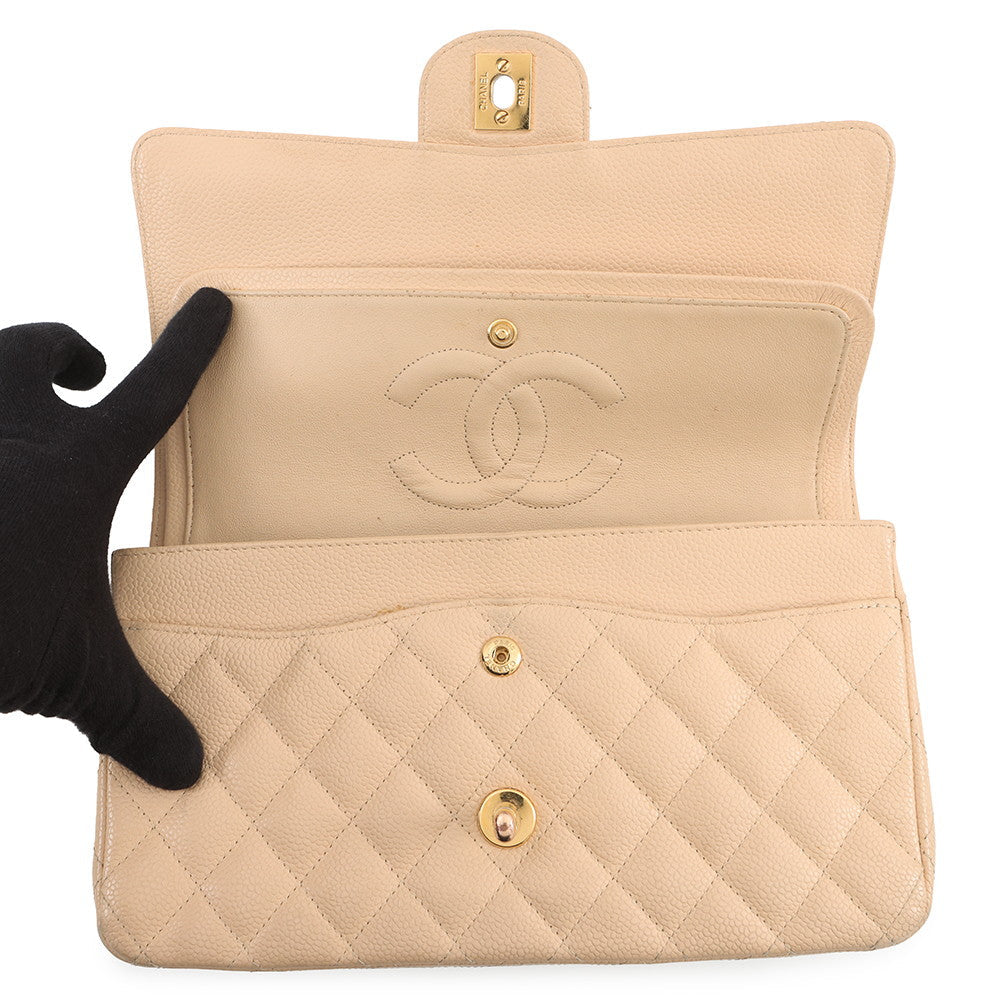 CHANEL Matelasse W/WChainShoulder Bag BeigeA01112 Caviar Leather Size 25