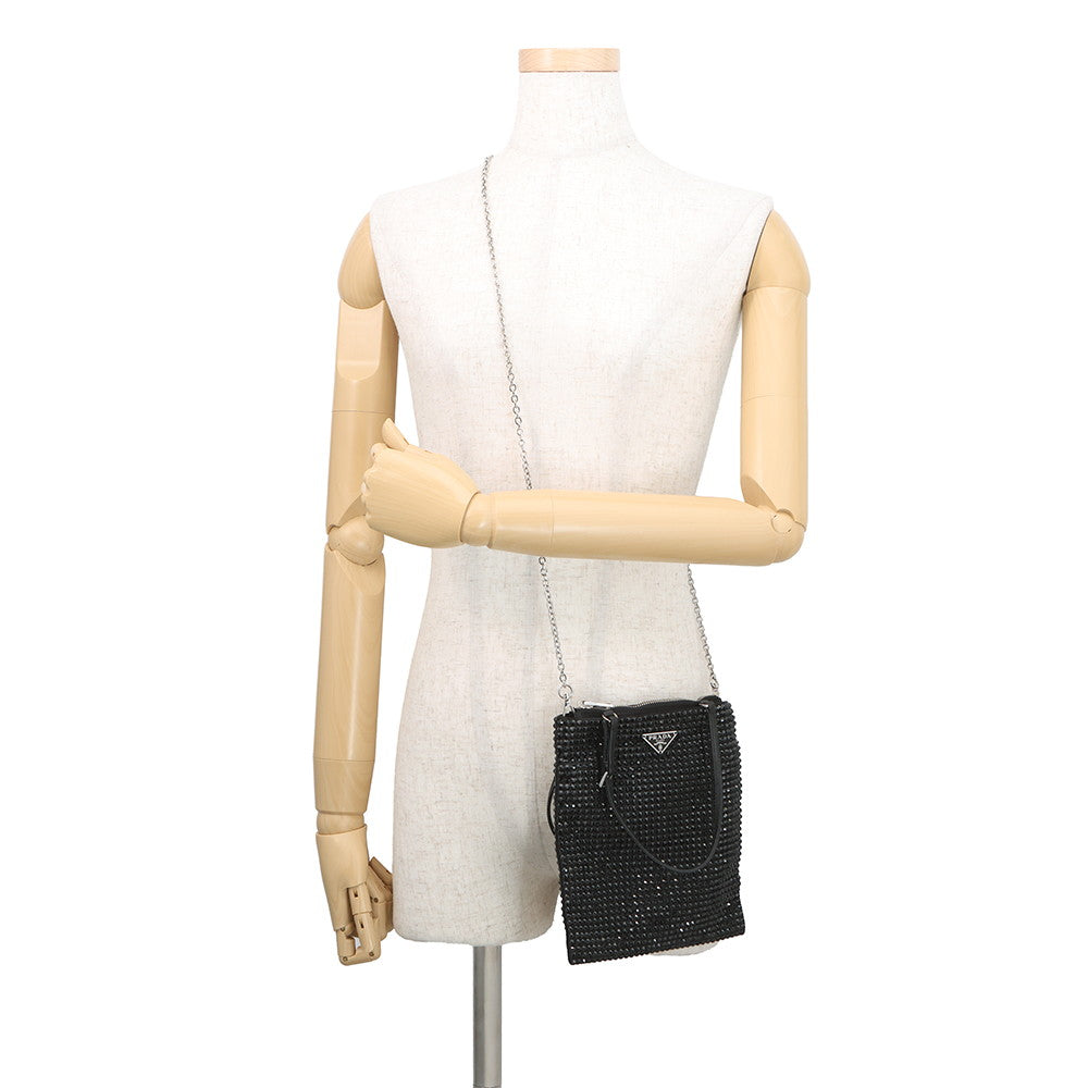 PRADA Triangle Logo 2-Way Bag Black1BA253 Crystal Satin Leather