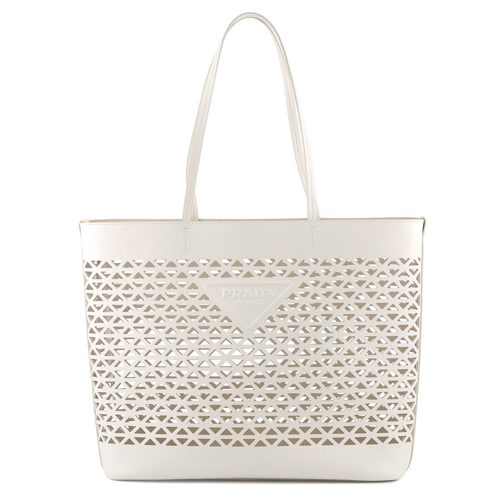 PRADA Perforated Triangle Logo Tote Bag White1BG503 Leather