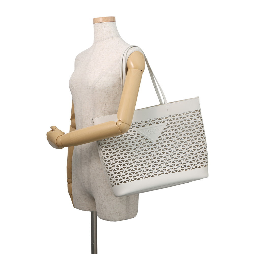 PRADA Perforated Triangle Logo Tote Bag White1BG503 Leather