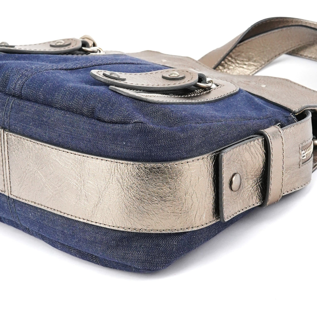 Navy Denim Silver Leather Logo Tote Bag