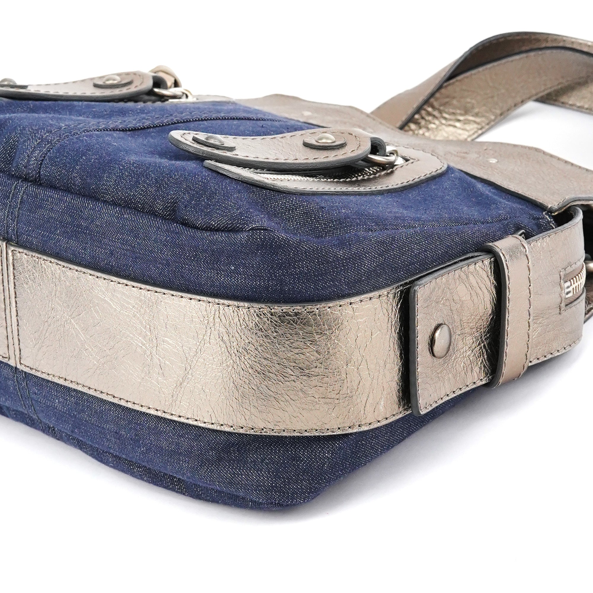 Navy Denim Silver Leather Logo Tote Bag