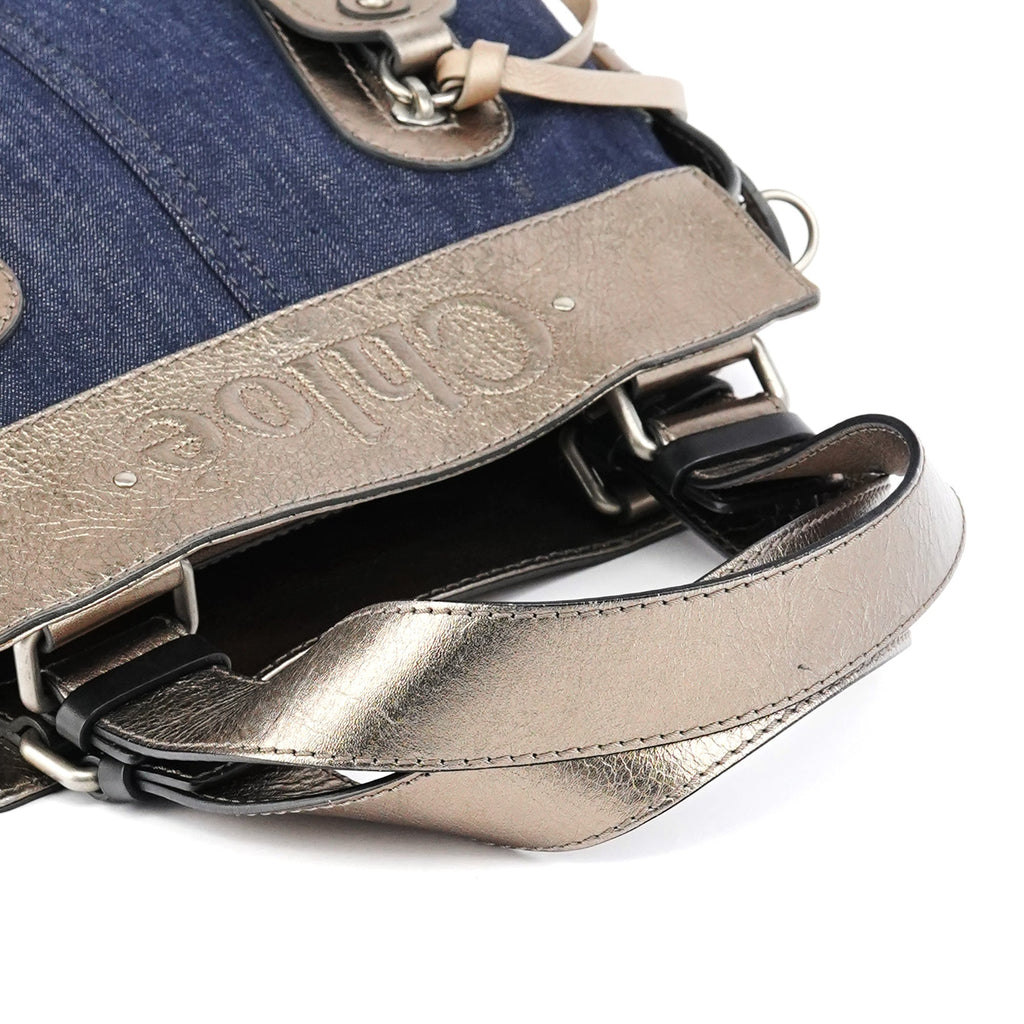 Navy Denim Silver Leather Logo Tote Bag