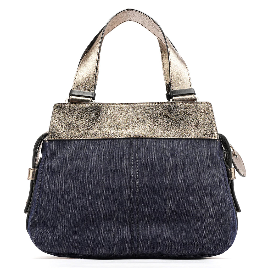 Navy Denim Silver Leather Logo Tote Bag