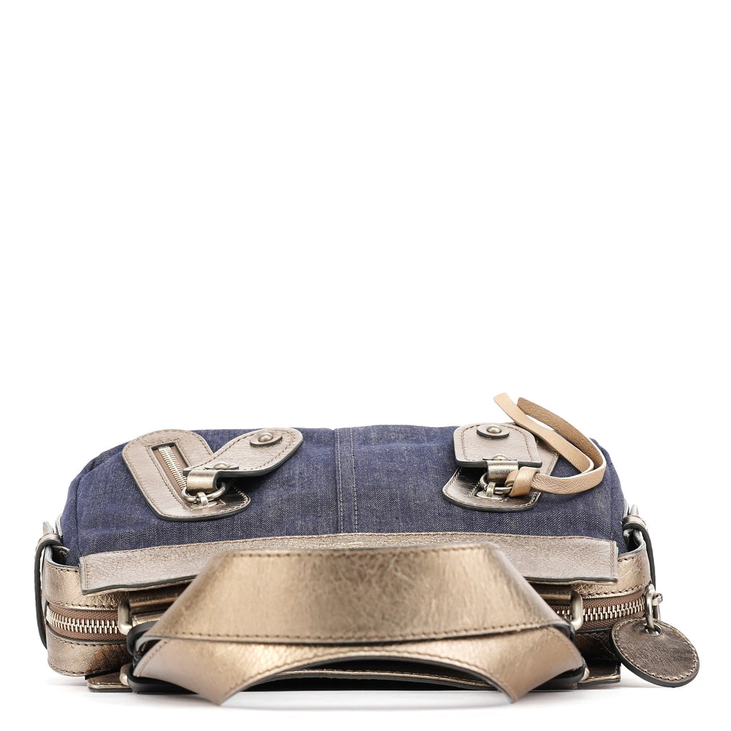 Navy Denim Silver Leather Logo Tote Bag