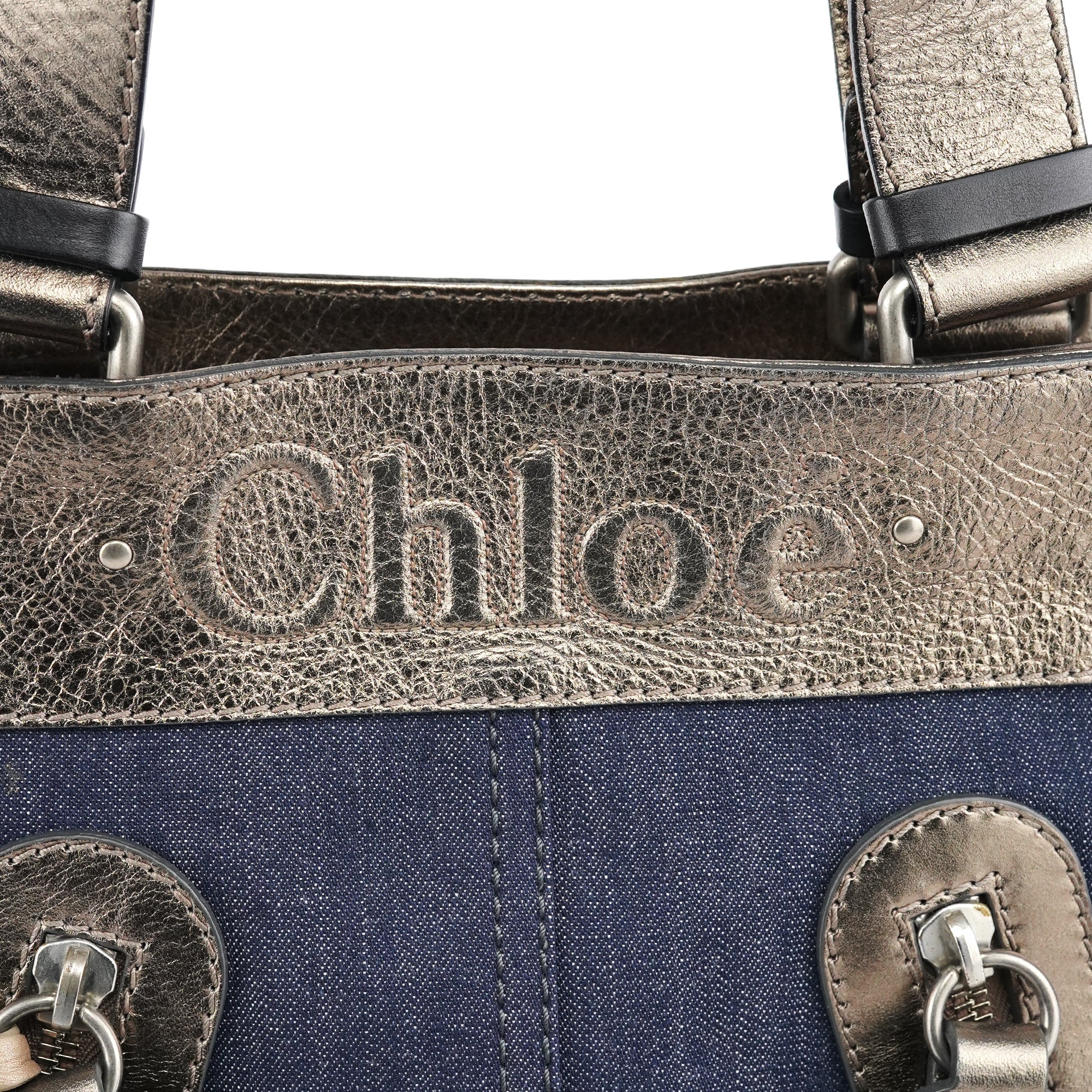 Navy Denim Silver Leather Logo Tote Bag