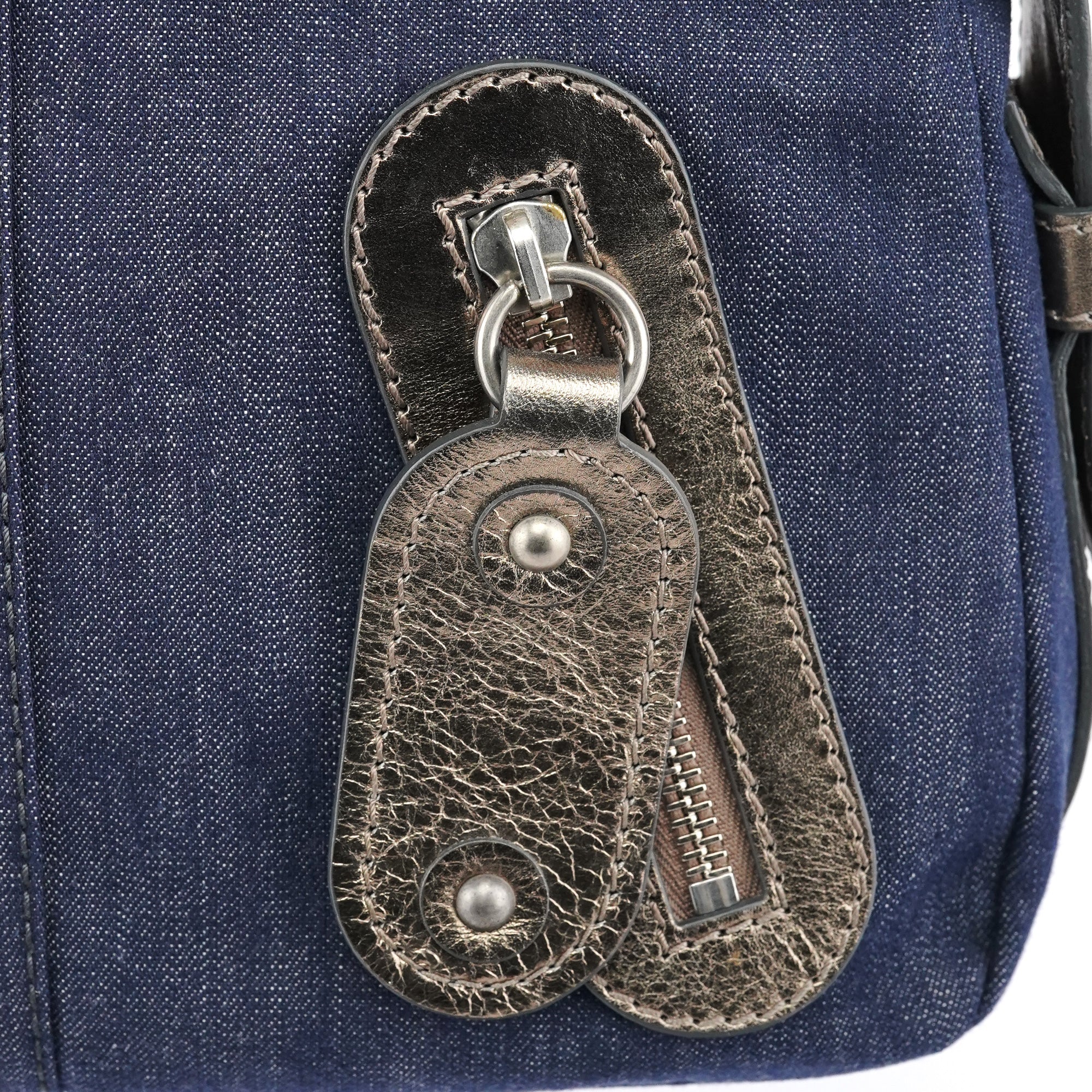 Navy Denim Silver Leather Logo Tote Bag