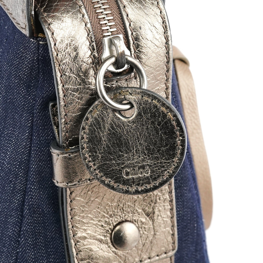 Navy Denim Silver Leather Logo Tote Bag