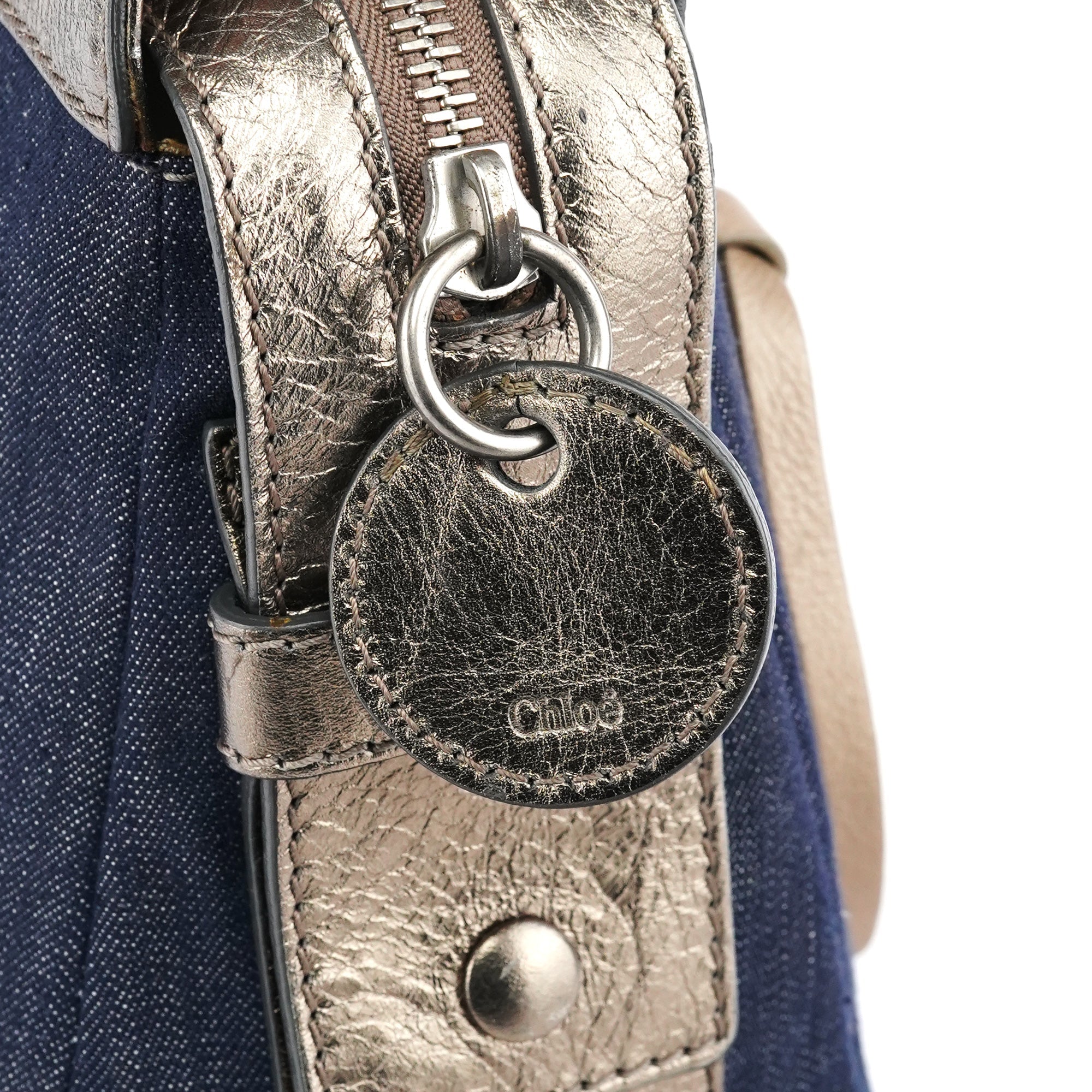 Navy Denim Silver Leather Logo Tote Bag