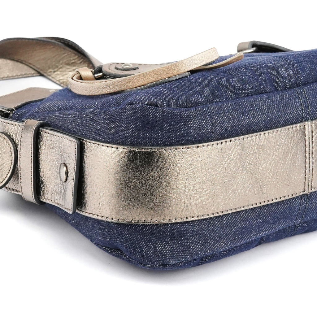 Navy Denim Silver Leather Logo Tote Bag