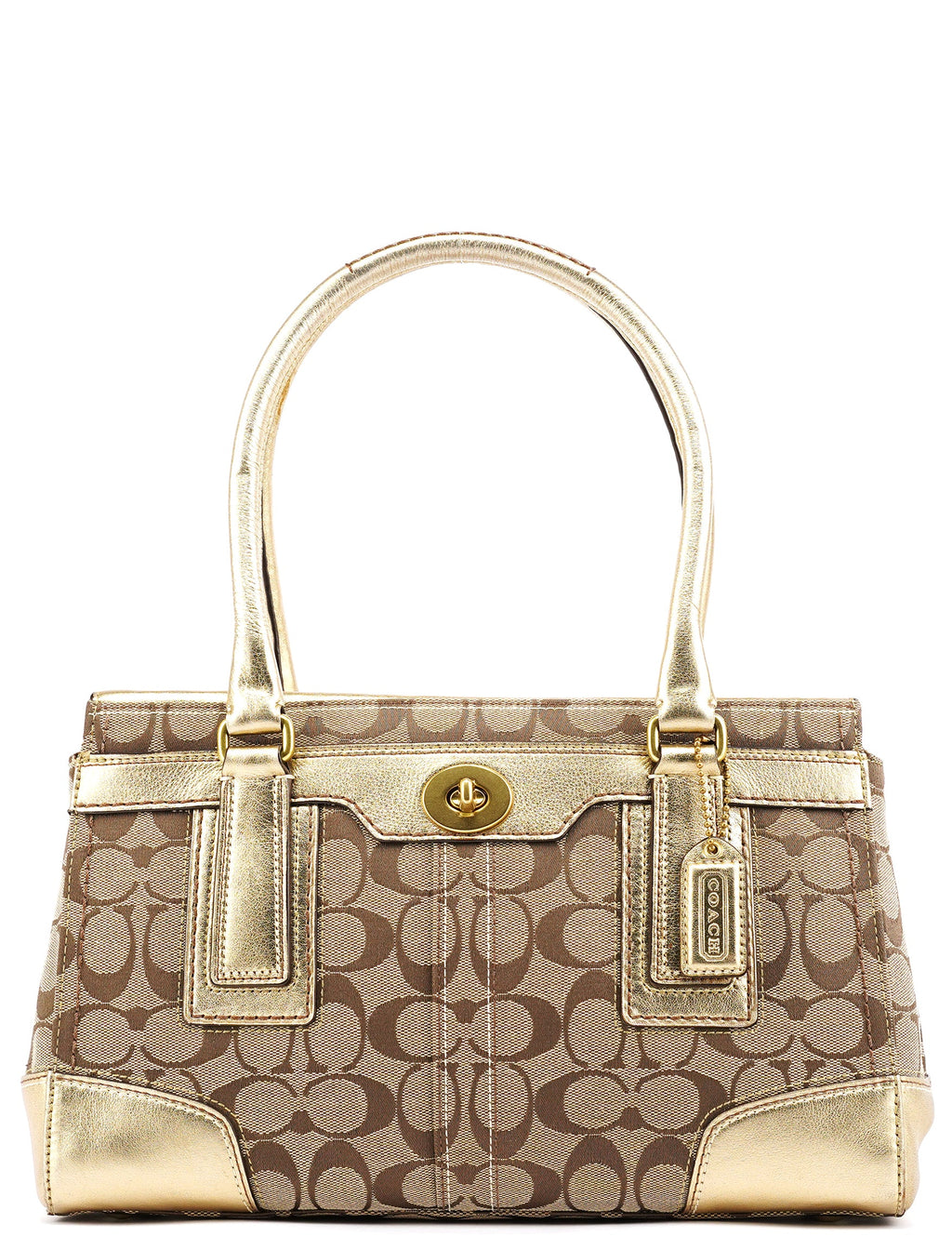 11062 Beige Gold Signature Turnlock Tote Bag