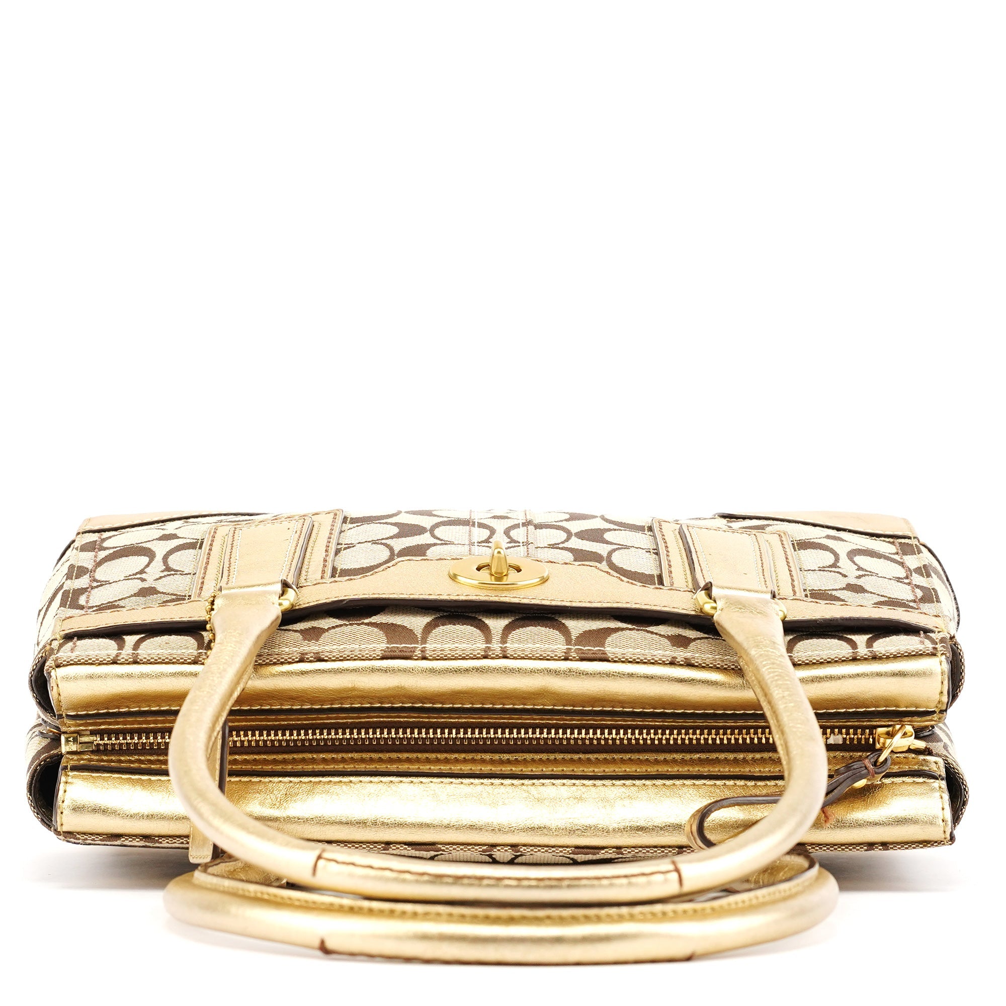 11062 Beige Gold Signature Turnlock Tote Bag