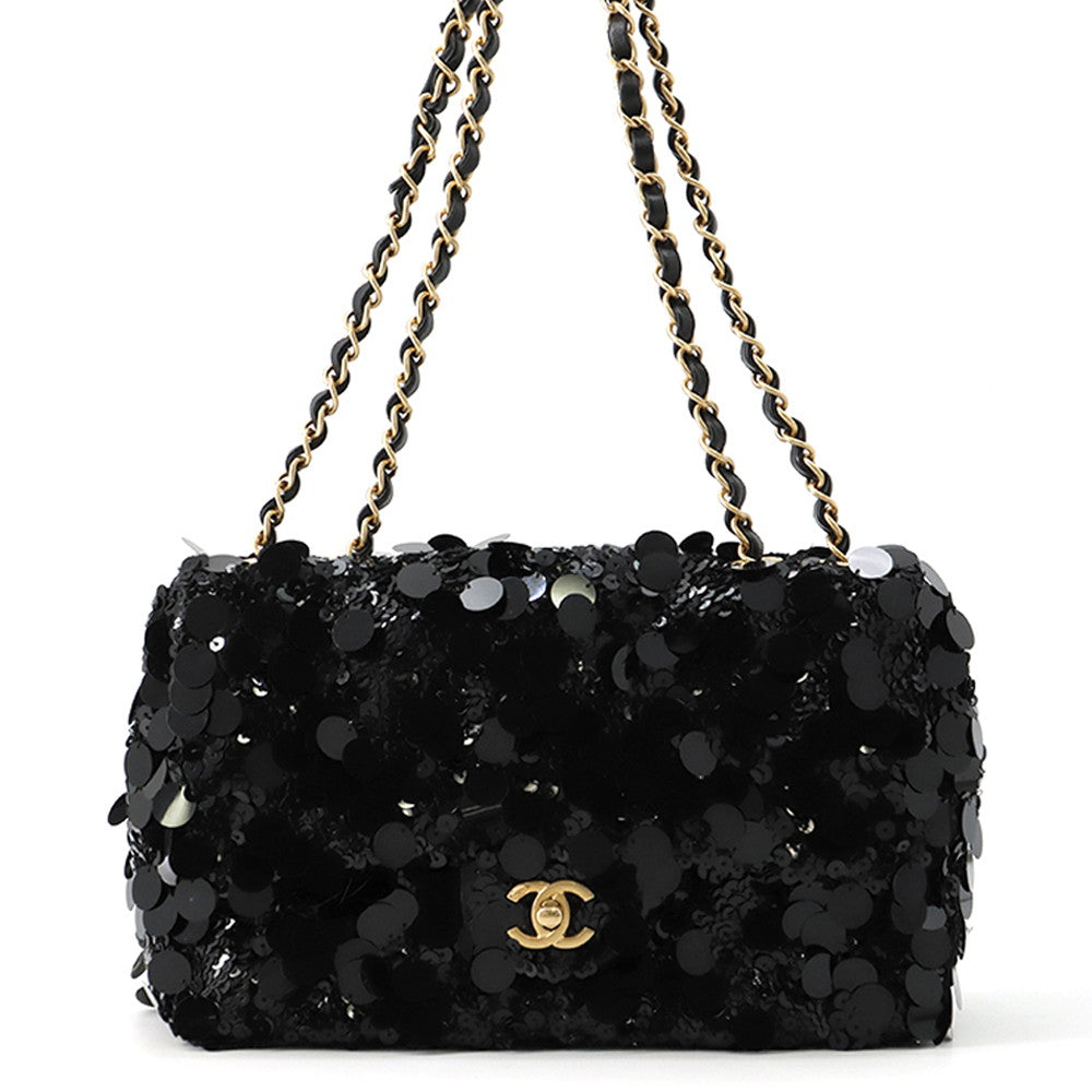 CHANEL Matelasse Sequins Shoulder Bag BlackA01112 Lambskin Satin Sequins Size 25