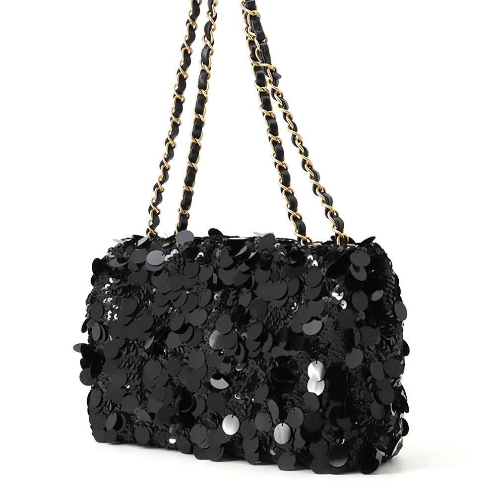 CHANEL Matelasse Sequins Shoulder Bag BlackA01112 Lambskin Satin Sequins Size 25