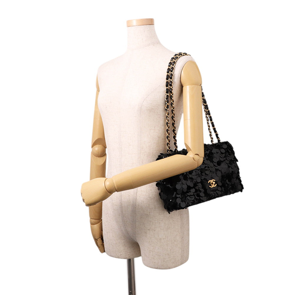 CHANEL Matelasse Sequins Shoulder Bag BlackA01112 Lambskin Satin Sequins Size 25