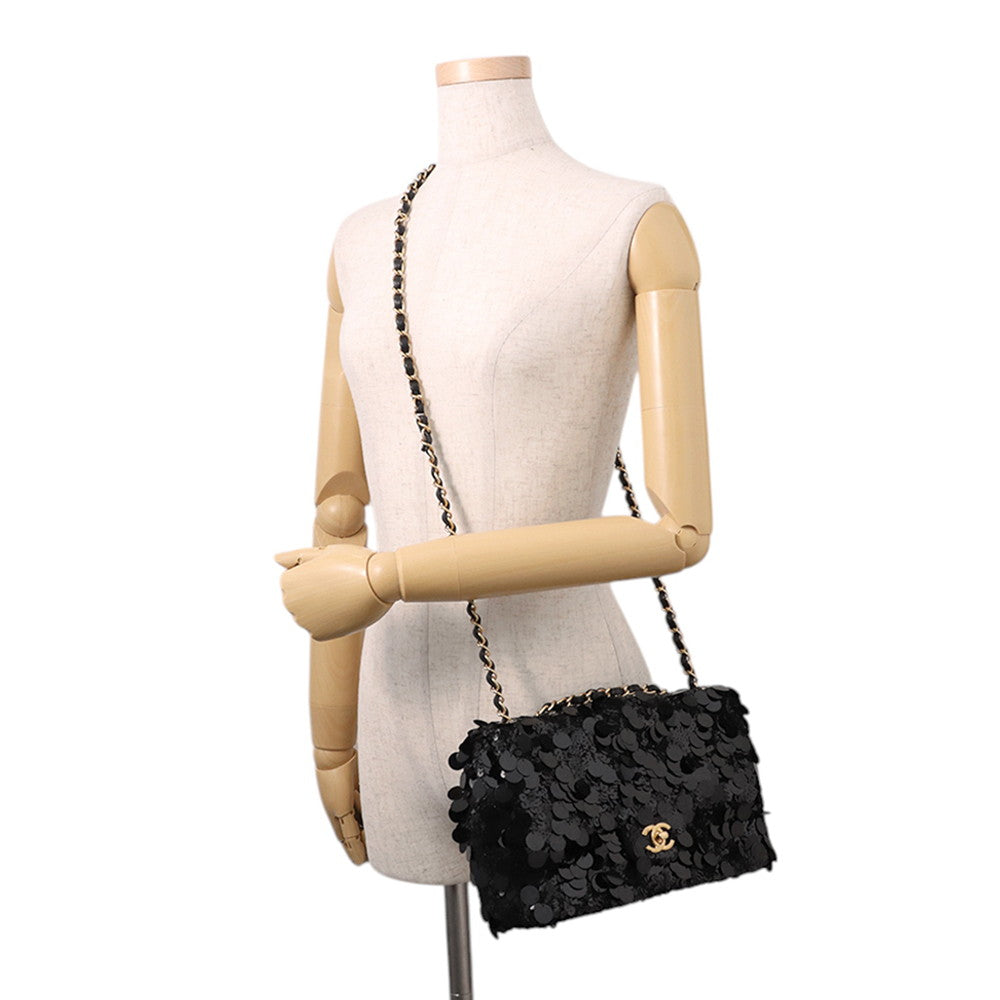 CHANEL Matelasse Sequins Shoulder Bag BlackA01112 Lambskin Satin Sequins Size 25