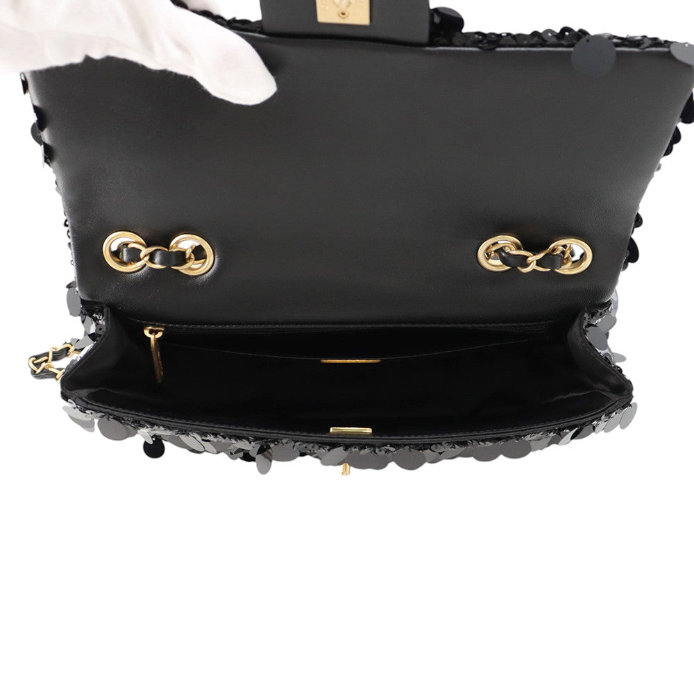 CHANEL Matelasse Sequins Shoulder Bag BlackA01112 Lambskin Satin Sequins Size 25