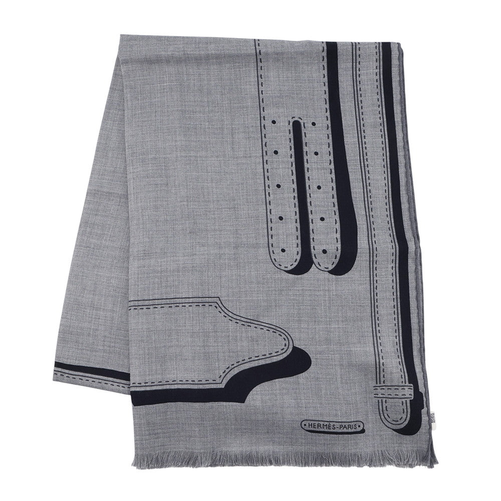 HERMES Rectangle Presidential horse tack Size 180 Gris Foncé / White / Blue MarineH691443T Cashmere70% Silk30%