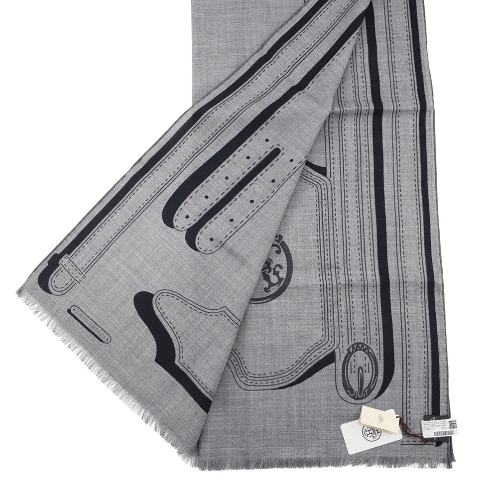 HERMES Rectangle Presidential horse tack Size 180 Gris Foncé / White / Blue MarineH691443T Cashmere70% Silk30%