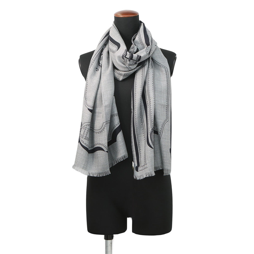 HERMES Rectangle Presidential horse tack Size 180 Gris Foncé / White / Blue MarineH691443T Cashmere70% Silk30%