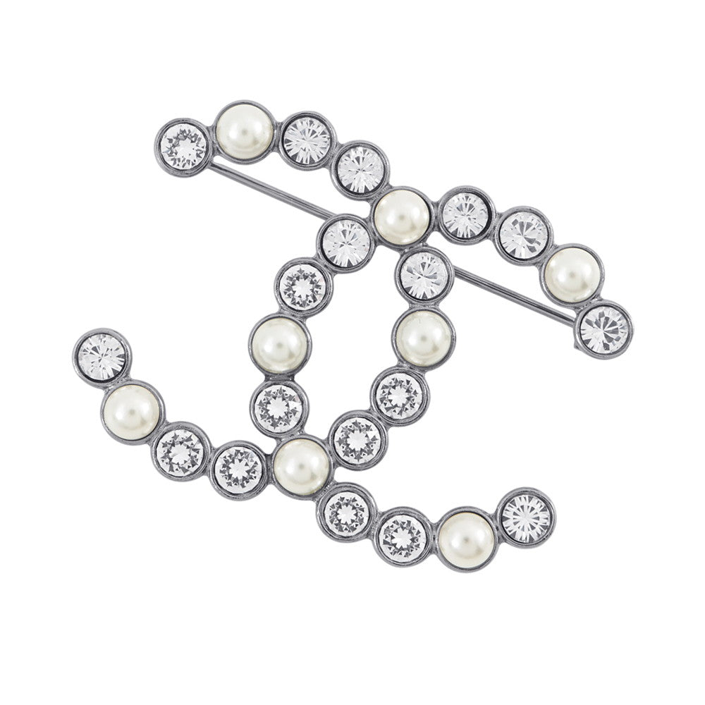 CHANEL CC Logo Brooch Faux Pearl Light Stone Metal